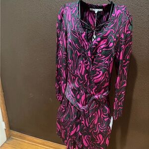 Trina Turk Vibrant Pink and Green Long Sleeve Silk Dress
